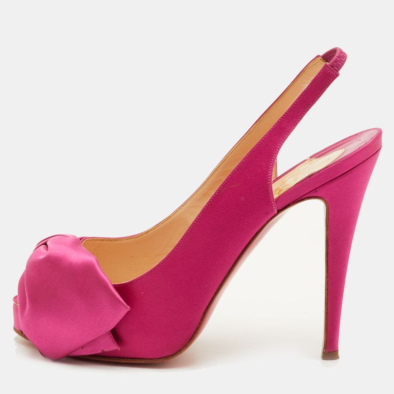 Christian Louboutin Bow Size 39 Pink Satin Platform Peep Toe Slingback Sandals